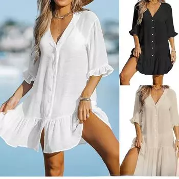 Женское плиссированное однотонное свободное платье с v-образным вырезом и рукавами 3/4 на пуговицах S белый