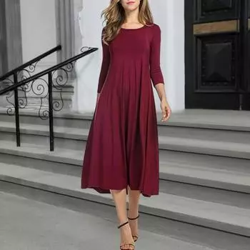 Женское плиссированное платье А-силуэта миди с рукавами 3/4 и круглым вырезом, свободное платье для летнего пляжного отдыха, струящийся сарафан S вино красного