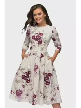 Женское плиссированное платье А-силуэта с рукавами три четверти и набивным рисунком M бежевый