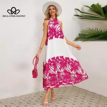 Женское плиссированное платье без рукавов с воротником-стойкой и принтом, свободное длинное платье трапециевидной формы, платье в пляжном стиле, в стиле отпуска S чёрный