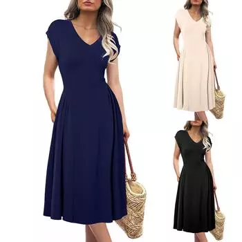 Женское плиссированное платье миди, летнее, с V-образным вырезом, рукавами-крылышками, облегающее, А-силуэта, коктейльные платья для вечеринок M чёрный