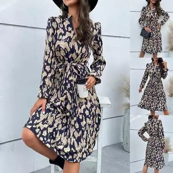 Женское плиссированное платье-миди с длинными рукавами и принтом. Женский повседневный свободный рабочий сарафан.