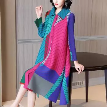 Женское плиссированное платье с длинными рукавами в полоску, свободные однобортные платья с лацканами, дикая весенне-летняя одежда one size