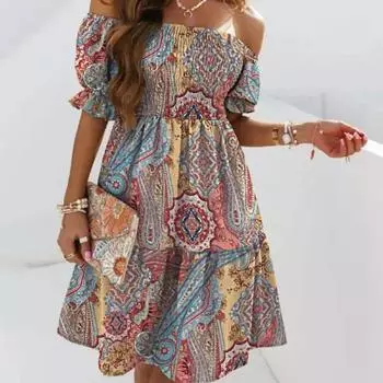 Женское плиссированное платье с коротким рукавом и воротником-стойкой с цветочным принтом S