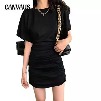 Женское плиссированное платье с короткими рукавами, летнее сексуальное облегающее платье с тонкой талией и темпераментом для девочек S чёрный