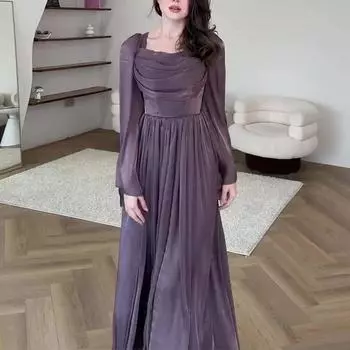 Женское плиссированное платье с квадратным вырезом и высокой талией, элегантное женское платье в стиле ретро с длинными рукавами, весна-лето 2025 г. S фиолетовый
