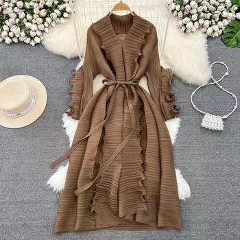 Женское плиссированное платье с милыми деревянными ушками, кружевное платье на шнуровке на талии, Vestidos Y2k, корейское весенне-осеннее вечернее платье One Size