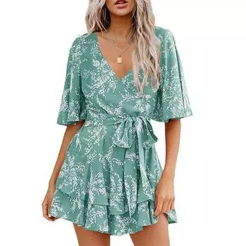 Женское плиссированное платье с v-образным вырезом и цветочным принтом, расклешенными рукавами на талии и шнуровкой S озеро синий