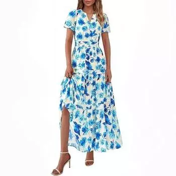 Женское плиссированное платье с V-образным вырезом и короткими рукавами в стиле бохо с цветочным принтом S