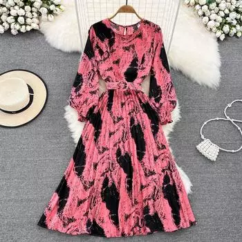 Женское плиссированное платье в европейском и американском стиле в стиле ретро с круглым вырезом и талией, элегантная длинная юбка