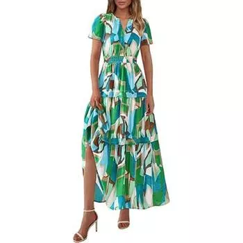 Женское плиссированное платье в стиле бохо с V-образным вырезом и короткими рукавами, многослойное S