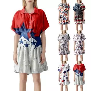 Женское плиссированное полосатое платье-рубашка с пуговицами спереди, плиссированная рубашка с коротким рукавом, летнее повседневное короткое платье с принтом «День независимости» L