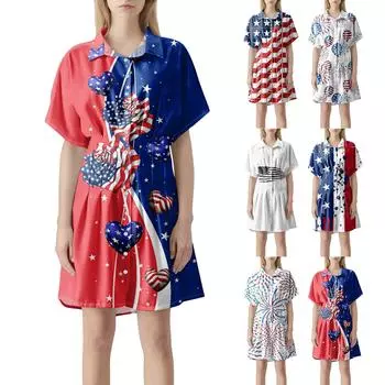 Женское плиссированное полосатое платье-рубашка с пуговицами спереди, плиссированная рубашка с коротким рукавом, летнее повседневное короткое платье с принтом «День независимости» L