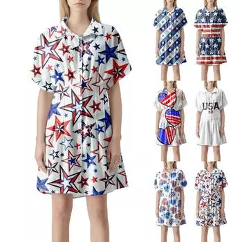 Женское плиссированное полосатое платье-рубашка с пуговицами спереди, плиссированная рубашка с коротким рукавом, летнее повседневное короткое платье с принтом «День независимости» M