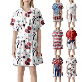 Женское плиссированное полосатое платье-рубашка с пуговицами спереди, плиссированная рубашка с коротким рукавом, летнее повседневное короткое платье с принтом «День независимости» L киноварь