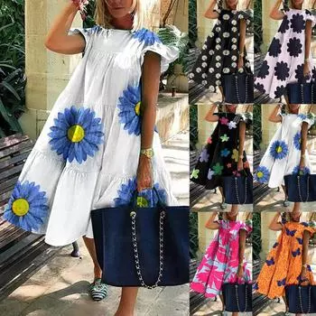 Женское плиссированное повседневное платье макси с короткими рукавами и принтом в стиле пэчворк L чёрный