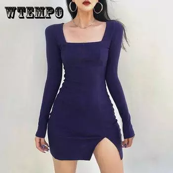 Женское плотное вязаное элегантное повседневное платье с разрезом, простое винтажное универсальное короткое платье с квадратным вырезом XL