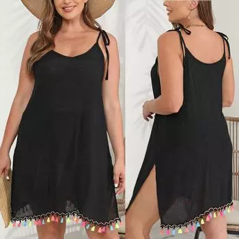 Женское пляжное бикини большого размера с цветной бахромой в стиле пэчворк L чёрный