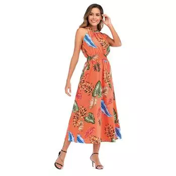 Женское пляжное богемное шифоновое платье с цветочным принтом на весну и лето, S-XL S оранжевый