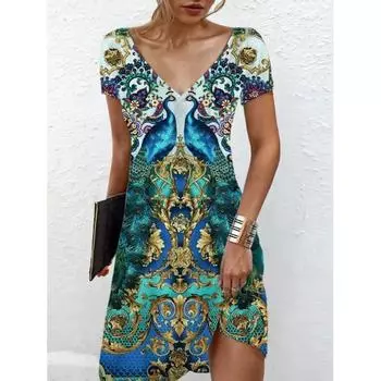 Женское пляжное летнее платье с V-образным вырезом, повседневные платья с короткими рукавами и цветочным принтом S