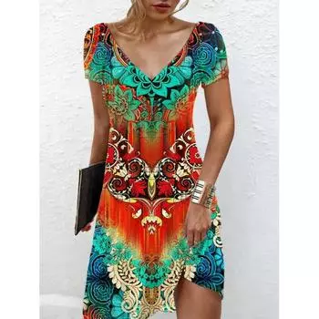Женское пляжное летнее платье с V-образным вырезом, повседневные платья с короткими рукавами и цветочным принтом S