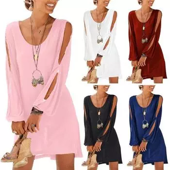 Женское пляжное мини-платье с открытыми плечами и длинным рукавом, U-образным вырезом, однотонное, свободное S чёрный