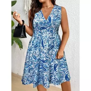 Женское пляжное мини-платье с V-образным вырезом и узором пейсли, без рукавов, туника на талии, повседневные короткие летние платья для отдыха S