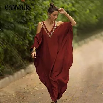 Женское пляжное накидка больших размеров с v-образным вырезом и вышивкой, сексуальное свободное платье-рубашка от солнца без бретелек