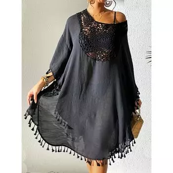 Женское пляжное накидка в богемном оранжевом цвете с кисточками, ткань с текстурой бамбука и деталями ручной работы, сексуальный чехол для купальника бикини свободного покроя One Size