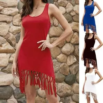 Женское пляжное однотонное женское элегантное платье без рукавов с кисточками и кисточками L чёрный