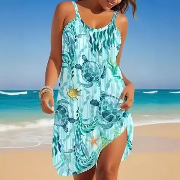 Женское пляжное платье без рукавов, свободное мини-платье с рисунком океана, летнее платье для отпуска, праздничный наряд M фиолетовый