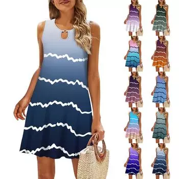 Женское пляжное платье без рукавов в градиентную полоску с полым круглым вырезом и принтом L синий