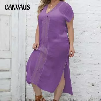 Женское пляжное платье-бикини с V-образным вырезом и разрезом, кружевное, большого размера, для пляжного отдыха one size чёрный