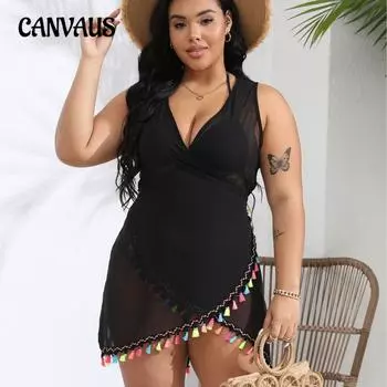 Женское пляжное платье больших размеров, красочное платье с кисточками, нерегулярное платье, цельное пляжное платье с перекрестными ремешками 0XL чёрный