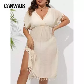 Женское пляжное платье больших размеров, праздничное бикини, накидка, платья с глубоким V-образным вырезом на талии и кисточками