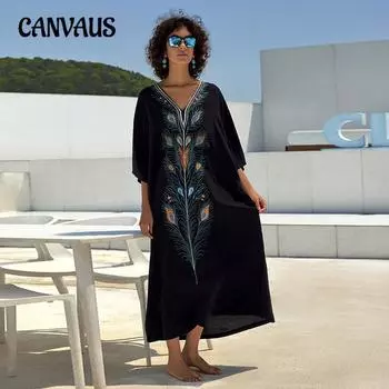 Женское пляжное платье больших размеров с вышивкой, рубашка от солнца, накидка на бикини One Size чёрный