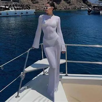 Женское пляжное платье Cover Ups2 с круглым вырезом, пляжная туника-бикини с защитой от солнца, длинные рукава, открытая спина, платья S чёрный