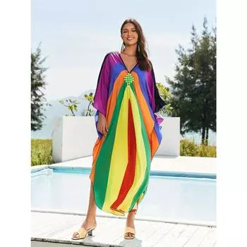 Женское пляжное платье-кафтан в стиле бохо, большого размера, с радужной цветной плетеной отделкой, V-образным вырезом и рукавами «летучая мышь» One-size разноцветный
