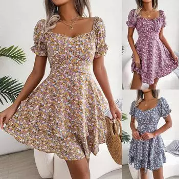 Женское пляжное платье контрастного цвета с длинным рукавом с цветочным лацканом и галстуком L синий