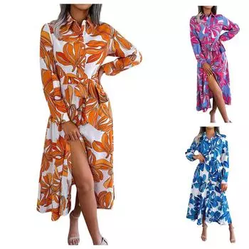Женское пляжное платье контрастного цвета с длинным рукавом с цветочным лацканом и галстуком S оранжевый