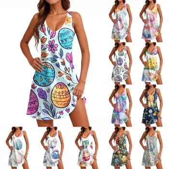 Женское пляжное платье-майка с пасхальным узором, без рукавов, с V-образным вырезом и карманами L синий