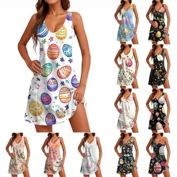 Женское пляжное платье-майка с пасхальным узором, без рукавов, с V-образным вырезом и карманами L бежевый