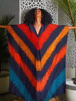 Женское пляжное платье-накидка в стиле бохо, большого размера с геометрическим узором, рукавами «летучая мышь» и V-образным вырезом One-size разноцветный