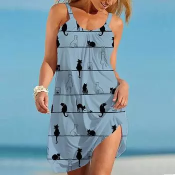 Женское пляжное платье, пляжная одежда, мини-платье с рисунком котенка, повседневное современное платье без рукавов, свободного кроя, для улицы, повседневное, розовое, синее, летнее XS розовый
