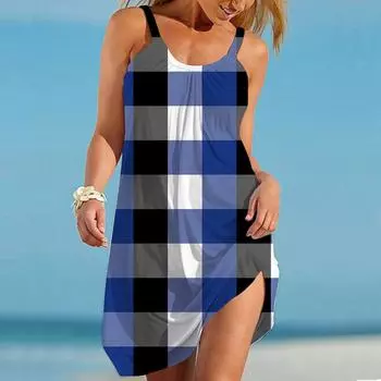 Женское пляжное платье Пляжная одежда Мини-платье с принтом в клетку Повседневное современное платье Без рукавов Свободный крой Повседневное для улицы Розовый Синий Лето XS синий