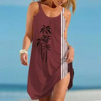 Женское пляжное платье Пляжная одежда Мини-платье Простое и повседневное с принтом Повседневное современное платье Без рукавов Свободный крой Повседневное для улицы Розовый Синий Лето XS коричневый
