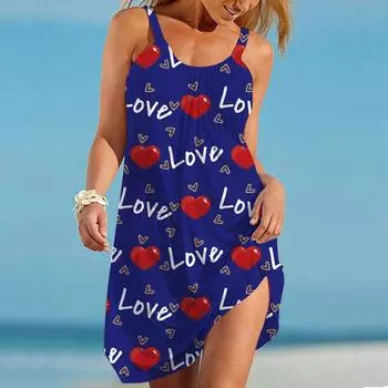 Женское пляжное платье Пляжная одежда Мини-платье Love Love Print Повседневное современное платье Без рукавов Свободный крой Повседневное уличное розовое синее летнее XS синий