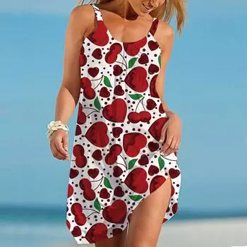 Женское пляжное платье Пляжная одежда Мини-платье с принтом Cherry Love Повседневное современное платье без рукавов Свободный крой Повседневное уличное розовое синее летнее XS синий
