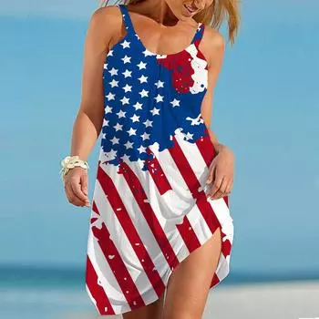 Женское пляжное платье Пляжная одежда Мини-платье с принтом национального флага Повседневное современное платье без рукавов Свободный крой Повседневное для улицы Розовый Синий Лето XS синий