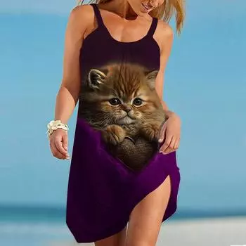 Женское пляжное платье Пляжная одежда Мини-платье с принтом молочного кота Повседневное современное платье без рукавов Свободный крой Повседневное уличное розовое синее летнее XS чёрный